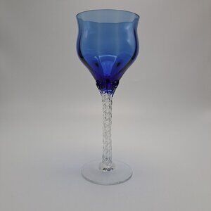 Vintage Blue Glass Goblet With Twisted Clear Stem